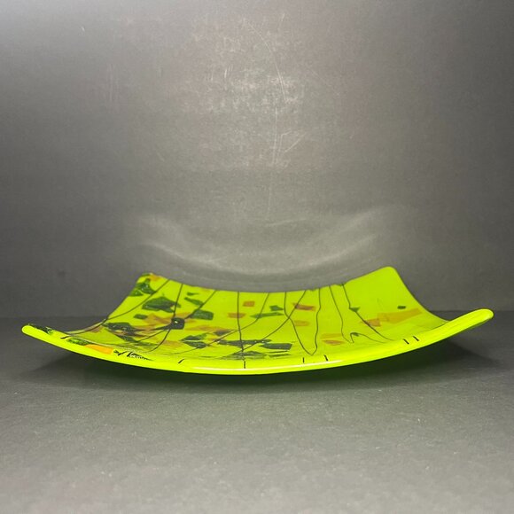 Art Deco Green Black Abstract Square Art Glass Lined & Glitter Flaked Plate 10" - Picture 4 of 6